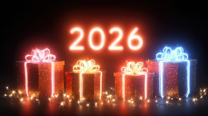 Three beautifully wrapped presents adorned with glowing numbers and twinkling lights, creating a festive and whimsical atmosphere for Christmas shopping promotions.