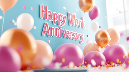 Happy Work Anniversary celebration with colorful balloons and confetti. vibrant decorations create festive , perfect for commemorating special milestone at work