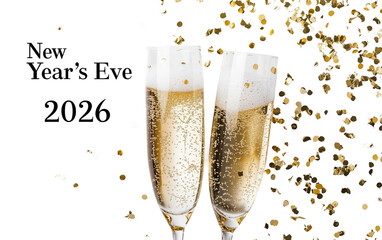 New Years Eve 2026 champagne flutes clinking in celebration for festive parties and elegant holiday gatherings isolated on transparent background PNG