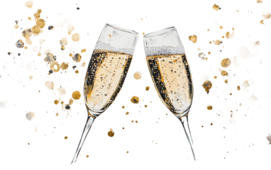 Contemporary festive scene showing champagne flutes clinking together for celebration and holiday cheer isolated on transparent background PNG