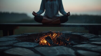 Person meditating by campfire