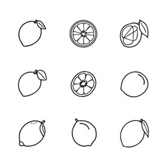 Flat Lemon Vector Icon Set – Minimal Citrus Fruit Symbols for Web, App, and Food Design