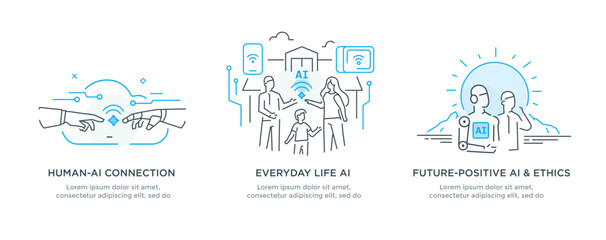 Set of illustrations concept with businessmen. technology, partnership, artificial intelligence business robot, cybes. linear illustration Icons infographics. Landing page site print poster. Line