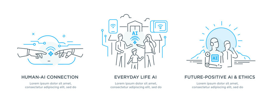 Set of illustrations concept with businessmen. technology, partnership, artificial intelligence business robot, cybes. linear illustration Icons infographics. Landing page site print poster. Line