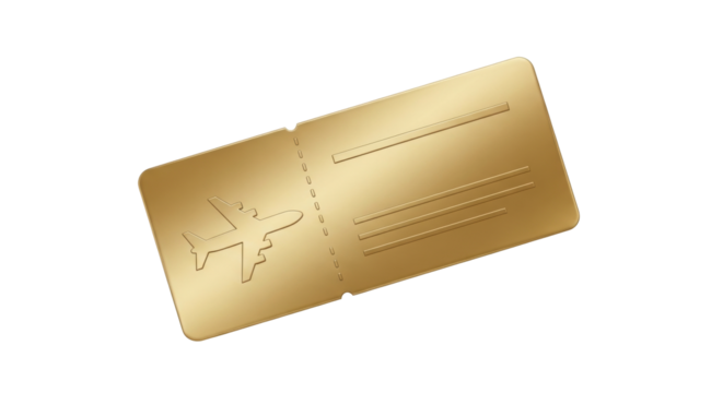 Isolated Golden airline boarding pass for flight with plane symbol, tourism and travel theme