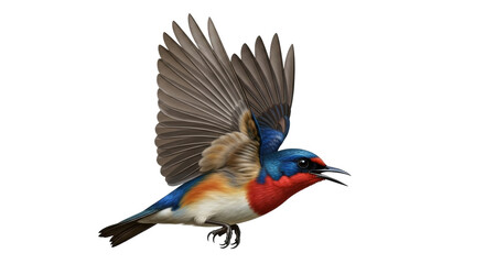 Isolated, swallow-tailed hummingbird with extended wings in flight against a plain backdrop