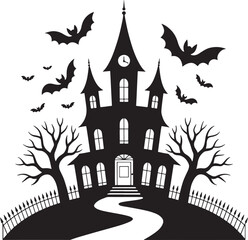Haunted Blackwood Manor silhouette with moon bats and trees vector.