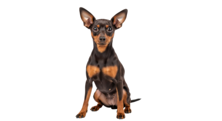 Isolated miniature pinscher dog sits alert, looking forward, purebred pup poses playfully