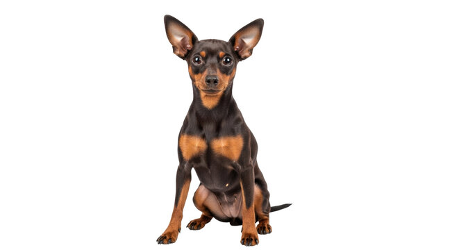Isolated miniature pinscher dog sits alert, looking forward, purebred pup poses playfully