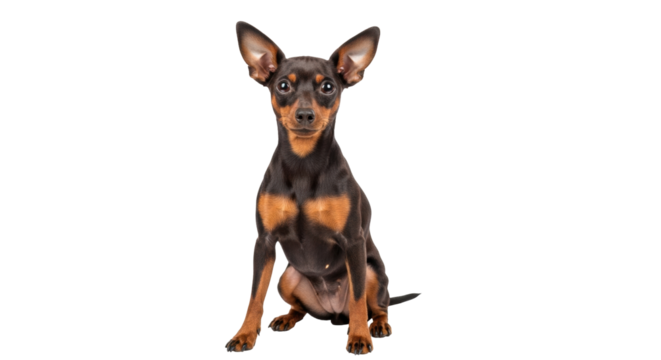 Isolated miniature pinscher dog sits alert, looking forward, purebred pup poses playfully