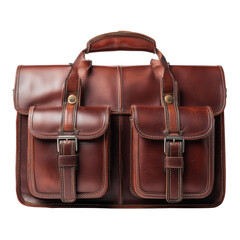 Antique distressed brown leather briefcase with buckles and straps for business or travel isolated on transparent background