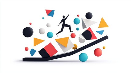 An abstract representation of risk-taking and agility using colorful shapes and a figure, symbolizing innovation.