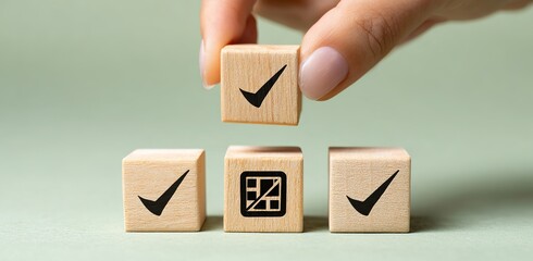  handset check mark icon on wooden block cube, casting light on the basic understanding of a designer's role in the design process and user experience