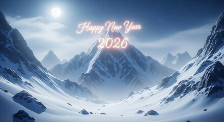 Snowy mountain landscape with "happy new year 2026" text overlay
