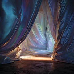 Shimmering draped fabric reveals a warm, hidden space