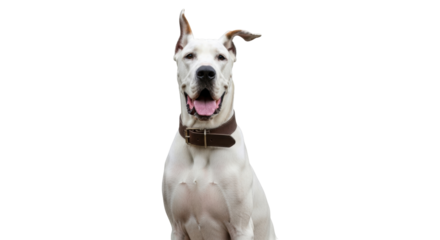 Isolated Dogo Argentino dog looking forward with mouth open and leather collar on neck