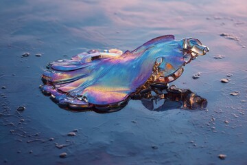 Iridescent, shiny object lies on dark, reflecting surface