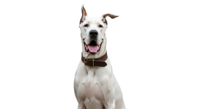Isolated Dogo Argentino dog looking forward with mouth open and leather collar on neck