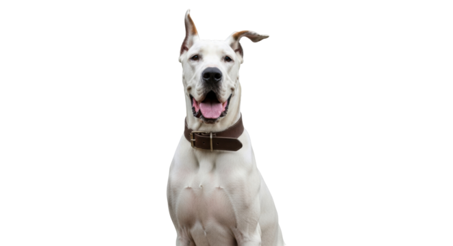 Isolated Dogo Argentino dog looking forward with mouth open and leather collar on neck