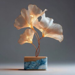 Ginkgo leaves, light, delicate, wooden base, art piece
