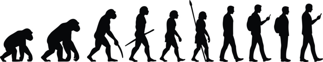Obraz premium Black silhouette evolution of man from ape to modern smartphone user — vector illustration for science, education, tech, biology, and design projects