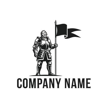 Black and white illustration of a knight in armor holding a flag, company logo.