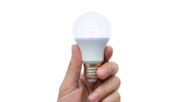Isolated hand holding LED light bulb, concept idea for energy saving and future technologies