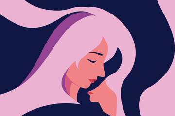 Abstract illustration of woman with long flowing pink hair and serene face profile