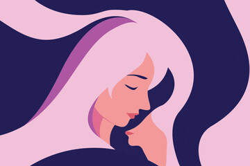 Abstract illustration of woman with long flowing pink hair and serene face profile