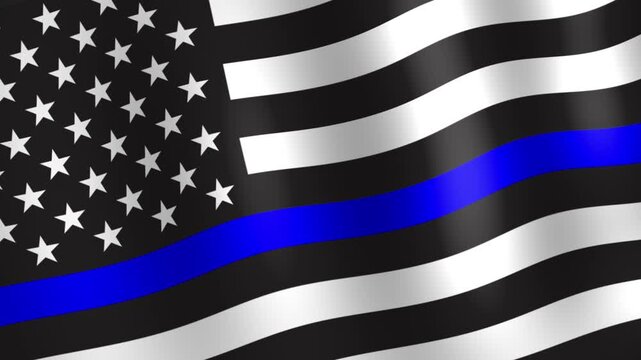 american usa police thin blue line flag in the wind