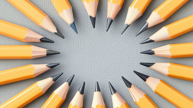 Sharpened yellow pencils arranged in circular pattern on textured gray background, creating vibrant and artistic display