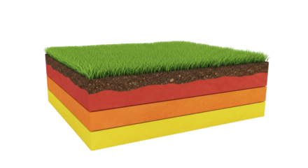 Isolated layers of earth and grass, cross-section showing different soil types and vegetation