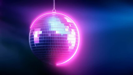 Shiny reflective disco ball suspended with glowing neon pink and blue light effects against dark gradient background. Hanging mirror ball with geometric mosaic pattern creating dramatic illumination. - Powered by Adobe