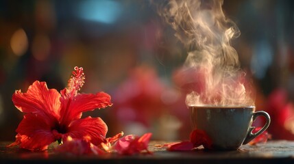 Red hibiscus and steaming teacup
