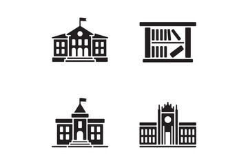 Obraz premium Set of four black and white icons representing educational institutions and knowledge