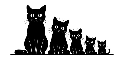 Family of black cats sitting in a row different sizes cute silhouette animals pets vector