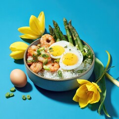 Food bowl rice, shrimp, eggs, asparagus, tulips on blue