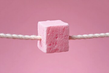 Pink square marshmallow threaded onto a string