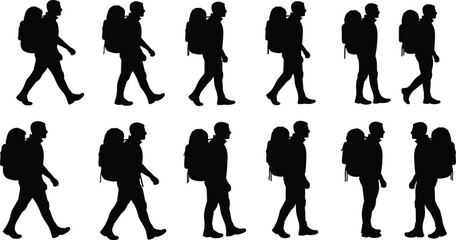 Black silhouette hikers walking in pairs with backpacks — vector set for travel, adventure, trekking, tourism, outdoor lifestyle, and hiking design projects