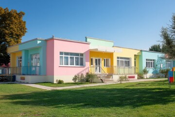 Fototapeta premium Colorful Kindergarten Exterior Building on Sunny Day