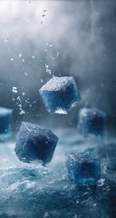 Blue cubes falling into water, creating splash