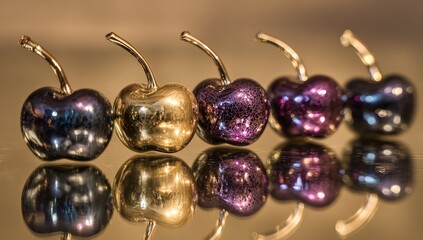 Five polished fruit sculptures, gold, purple, and dark