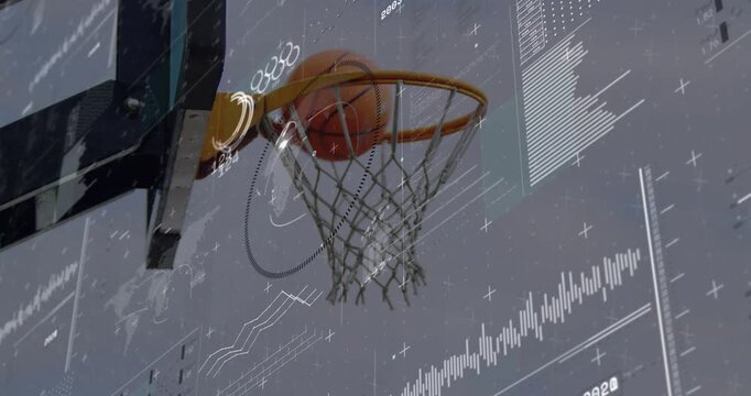 Arm releasing basketball toward hoop, ball hitting rim and net amid data charts illustrating stats