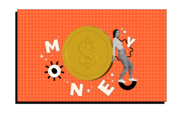 Creative collage picture young woman money earnings prosperity currency market profit golden coin rich investor checkered background