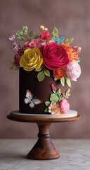 Vibrant floral cake art on wooden stand