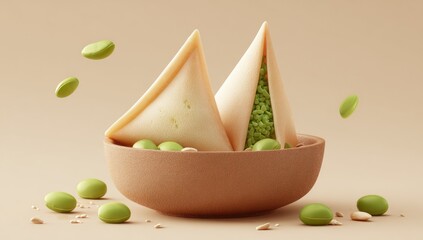 Two light beige triangular pastries in a brown bowl, with scattered green beans