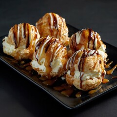 Cream puffs drizzled with caramel on a black tray