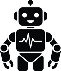 Cute black robot character with heartbeat graphic on chest for tech and medical themes