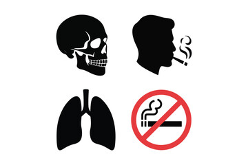 Smoking dangers skull lungs no smoking sign and smoker silhouette