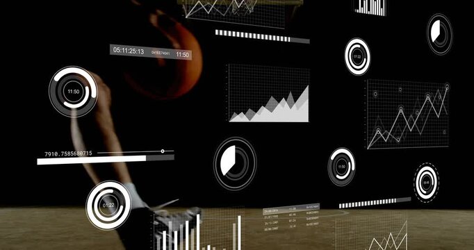 Athlete entering court and dribbling, HUD analytics tracking stats during leaping dunk to score